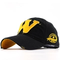 Casquette de baseball en coton noir avec patch W jaune et visière style usé chic - Réglable / Noir