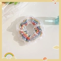 Rainbow striped plush scrunchie with white polka dot mesh overlay and sweet aesthetic - 1043A Rainbow Mesh Polka Dot