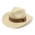 Classico cappello di paglia beige da uomo con fascia marrone e fibbia in metallo - M(56-58cm) / Beige