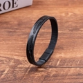 Men's minimalist black leather bracelet featuring feather texture and magnetic clasp - Black