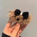 Brown plush puppy hair clip with black bow and white strap for women's autumn style - Brown