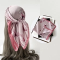 Pink floral satin silk scarf shown as a stylish headband and folded square layout - L7352-Small Pink Flower