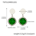 Silver stainless steel geometric earrings featuring square green glass stone pendants - Earrings / Silver-Green