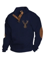 Navy blue men's sweater with deer embroidery, buttoned collar and elbow patches - S / Tops / Navy Blue (Deer Pattern 1)