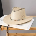 Beige mesh American retro straw cowboy hat with decorative beads and windproof rope - Milky White