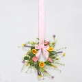 Floral wreath with yellow daisies, pink cosmos, lavender, and a long satin bow - Purple Yellow Pink Paper Flower Summer Wreath with Pink Silk Bow