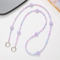 Colorful beaded phone lanyard with pink, blue, purple beads and purple floral charms - Purple Flower Beads