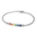 Silver stainless steel chain bracelet featuring a curved rainbow enamel bar for pride - Silver Thin Chain Rainbow Plate (KB161262-WGSF)