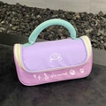Top view of large capacity purple and pink makeup bag with cute cat icon and green handle - Small / Purple