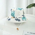 White cotton kids sun hat featuring blue zebra and plant prints with adjustable chin strap - White-Blue Zebra