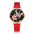 Detail of red leather watch strap and rose gold floral dial with Roman numerals - Watch Only / Red