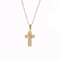 Golden stainless steel cross pendant necklace with micro-pave white zircon crystals - Gold N0083