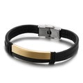 Men's double-layer black leather bracelet with a polished gold stainless steel plate - Two-tone Gold (KB146744-KFC)