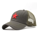 Detail showing red star embroidery on camouflage mesh trucker hat with durable stitching - Adjustable / Army Green