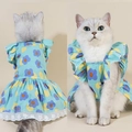 Blue floral pet dress for cats with yellow polka dots and white lace trim detail - XS / Green Flower