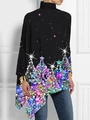 Detalle de top de cuello alto con dobladillo irregular y estampado de árbol de Navidad - S / Parte superior (Estampado de árbol de Navidad colorido negro-Y53074) / Negro