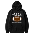 Classic black American football hoodie with MILF Man I Love Football graphic print - S / Tops / Black