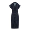 Abito in denim blu scuro slim fit con maniche corte, scollo a V e pieghe in vita - XS / Blu navy
