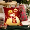 Funda de cojín navideño con muñeco de nieve en rojo y dorado con adornos festivos - Muñeco de Nieve de Navidad Dorado