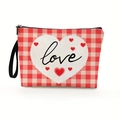 Red and white gingham makeup bag with love heart print and black wrist strap - Red White Gingham Heart
