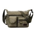 Army green canvas shoulder bag with multi-pocket structure and wide adjustable strap - Army Green Small