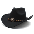 Chapeau de cowboy western noir en laine avec ruban perlé et tête de taureau argentée - M (56-58cm) / Noir