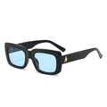 Square black sunglasses with light blue lenses and gold wing logo on the temples - Black Frame Blue Lens