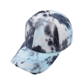 Detail of blue and black tie-dye baseball cap with distressed torn fabric and cotton texture - Distressed Style / Tie-dye Blue Black