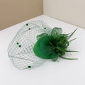 Vintage green fascinator with mesh veil and feather floral accents for parties - Emerald Green (Hair Clip Fixed)