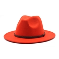 Close-up of orange-red wool fedora hat with embossed brown leather belt detail - M (56-58cm) / Orange Red