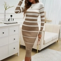 Elegant brown and white striped long sleeve knit bodycon midi dress for women - S / Khaki & White Stripes