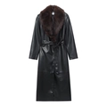 Black long PU leather coat with detachable faux fur collar and waist belt for winter - XS / Black
