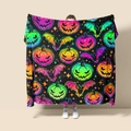 Full view of thick flannel blanket with neon Halloween pumpkin and bat prints - Style 63 (Halloween Black Neon Pumpkin)
