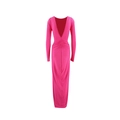 Dettaglio dell'abito lungo rosa con sexy scollatura a V sulla schiena e design arricciato - S / Rosa Rosso