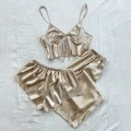 Conjunto de pijama de 3 piezas en satén oro champán con camisola y lazo - S / Champán