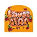 Detail of orange knit beanie with Lover Girl text, cherry and heart patterns - M / Orange