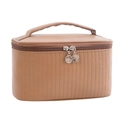 Brown textured PU leather makeup bag with top handle and gold-tone double zippers - Coffee