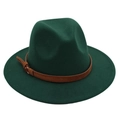 Detail of dark green wool felt fedora featuring a vintage brown leather belt buckle strap - M (56-58cm) / Dark Green (Yellow Rope)