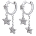 Detailed view of silver star earrings with micro-pave zircons and long tassel drop - Platinum - White Zirconia