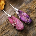 Detail of purple imperial stone teardrop earrings on a natural brown rock background - Light Purple Stone Silver Color Hook