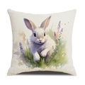 Osterhasen Kissenhülle mit Aquarell Hase und Lavendel auf beigem Leinenstoff - Rennender Hase (Muster 4)