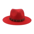 Chapeau de paille rouge à bord large avec bandeau à rivets marron pour la plage - Taille unique / Chapeau de Paille Rouge (Bande en Cuir Café)