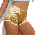 Sexy golden metallic athletic shorts for women with white trim and elastic waist detail - Camel