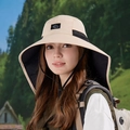 Beige wide brim outdoor sun hat with black lining and adjustable wind rope for hiking - Beige