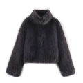 Giacca da donna in ecopelliccia grigio scuro con collo alto e taglio corto invernale - XS / grigio scuro