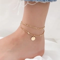 Double-layered gold anklet with small round charms and Figaro chain on white satin - Gold-5