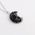 Black crescent moon necklace with silver tree of life wire wrap and matching chain - Black Obsidian Moon