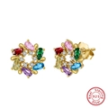 Colorful floral zircon stud earrings in 925 sterling silver with 18K gold plating - 30起订-EQE121-14K-Gold Colorful Wreath