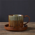 Ceramic coffee cup set in grey-green and rust red glaze on a rustic wooden table - Elegant Coffee Cup And Saucer - Vintage Ceramic 250ml / Universal
