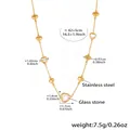 Macro view of 18k gold plated heart necklace with faceted glass stones and size details - White Heart/Gold Chain